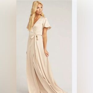 Show Me Your Mumu Noelle Flutter Wrap bridesmaid dress color: champagne, size: L